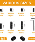 Heavy Duty M3 Set Screws Kit With 350 Pieces Headless Grub Screws In Sizes 3, 4, 5, 6, 8, 10, 12mm Allen Head Socket Cap Screws