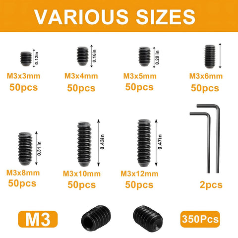 Heavy Duty M3 Set Screws Kit With 350 Pieces Headless Grub Screws In Sizes 3, 4, 5, 6, 8, 10, 12mm Allen Head Socket Cap Screws