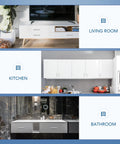 Living room, kitchen, and bathroom with modern cabinets featuring 30 Pack 4 Inch Brushed Nickel Cabinet Pulls Square Handles For Kitchen Cabinets.