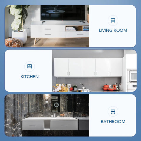 Living room, kitchen, and bathroom with modern cabinets featuring 30 Pack 4 Inch Brushed Nickel Cabinet Pulls Square Handles For Kitchen Cabinets.