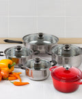 Snag This Rock Solid Replacement Dutch Oven Knob Set, Heat Resistant Stainless Steel Pot Lid Handles For Enameled Cast Iron Cookware, Hassle Free Kitchen Upgrade Silver Four Pack with cookware and vegetables.
