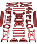 All Metal Shock Tower Assembly With Beefy Front Rear Swing Arms And Rock Hard Steel Hub Carrier Link Rods Designed For 1/10 Scale Rc Rigs In Sharp Red Upgrade Set parts layout, showing detailed metal components.