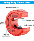Pro Grade Four Piece Copper Pipe Cutter Set With Deburring Tool For One Half Inch Three Quarters Inch And One Inch Tubing Auto Tightening Cutting Wheels For Fast Clean Cuts No Fuss Deburring shown from side showing 3/4 inch size, chrome roller, anti-slip design, and 9CrSi cutting blade