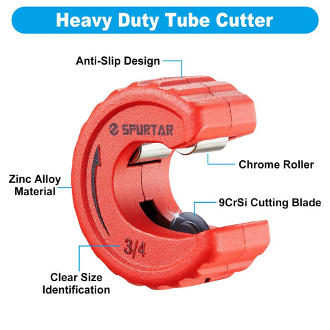 Pro Grade Four Piece Copper Pipe Cutter Set With Deburring Tool For One Half Inch Three Quarters Inch And One Inch Tubing Auto Tightening Cutting Wheels For Fast Clean Cuts No Fuss Deburring shown from side showing 3/4 inch size, chrome roller, anti-slip design, and 9CrSi cutting blade