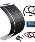 Ultra Lightweight 200W 12V Flexible Solar Panel Kit With Two 100W Monocrystalline Fiberglass Modules depicted with controller and cables.
