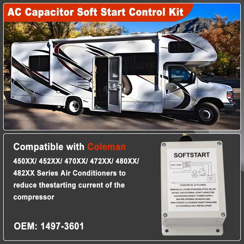 RV with AC Capacitor Soft Start Control Kit for Coleman Mach Air Conditioners reducing startup surge and noise