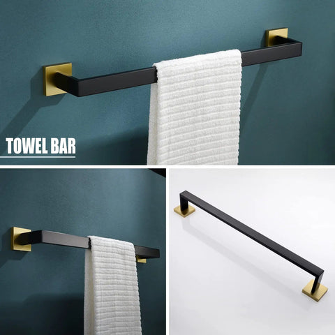 Dope Five Piece Black And Gold Bathroom Hardware Set With 23.6 Inch Towel Bar, rustproof stainless steel, wall mounted view