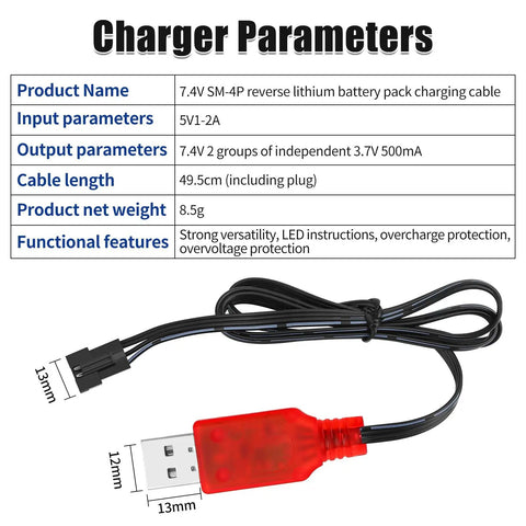 USB charger cable for 7.4V 600mAh Li Ion Two Pack Rechargeable Battery 2S with SM 4P plug for gel blaster, RC boat, and car use