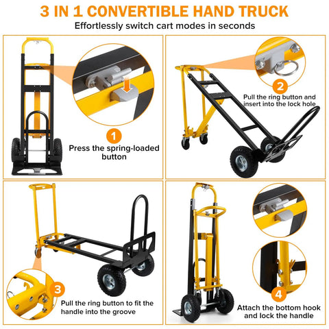 3-in-1 Convertible Hand Truck Dolly Cart With 10-Inch Pneumatic Wheels 1000 lb Capacity Heavy Duty Black Yellow Instructions