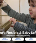 Child reaching for a table with Bonk Free Household Furniture Edge Guard For Baby Proofing and 16 Foot Pre Taped Clear Corner Protectors.