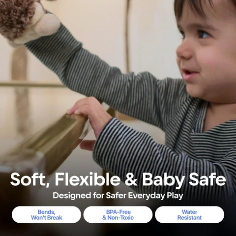 Child reaching for a table with Bonk Free Household Furniture Edge Guard For Baby Proofing and 16 Foot Pre Taped Clear Corner Protectors.