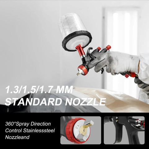 Pro Grade Lvlp Automotive Paint Spray Gun Featherweight Champion Teflon Coated Barrel with standard nozzles for precision.