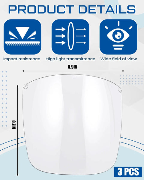 Built Tough Four Pack Safety Face Shield Kit With Rock Solid Impact Resistant Polycarbonate Visor And No Fuss Ratchet Headgear For Daily Grinding Tasks showing dimensions and features.