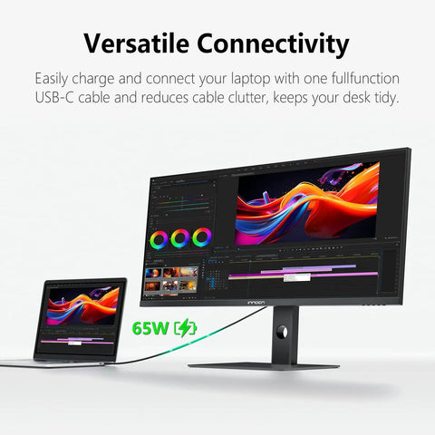 40 Inch 5K Ultrawide Monitor for Laptop 21:9, 100Hz IPS Display, HDR400, showing USB-C connection to laptop with design work