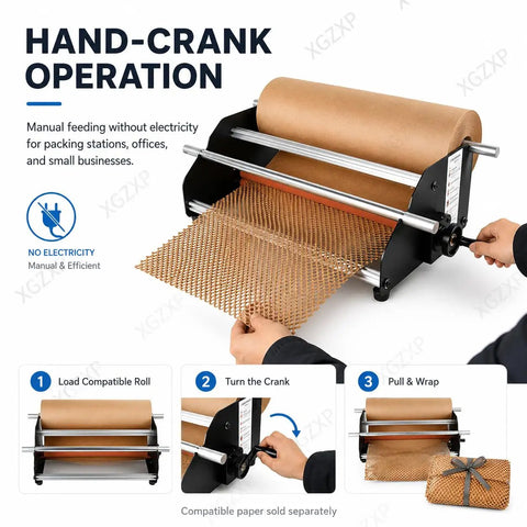 Manual Honeycomb Paper Dispenser Featuring A Smooth Crank Handle For Hassle Free Kraft Cushion Wrap And Compact Tabletop Packing Station To Keep Fragile Goods Totally Secure in use with hand-cranked operation feeding kraft paper.