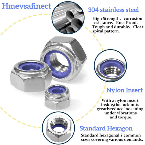 Locknut Set 210 Pcs Nylon Insert Lock Nuts Assortment M2 To M8 Stainless Steel 304 with nylon insert detail
