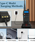 Dual Band 8W Ham Radio Handheld With 3800mAh Battery on charger with Type-C USB connection, showing various charging methods