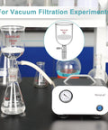 Borosilicate Glass Buchner Filtering Funnel With Fine Frit G3 94mm ID 100mm Depth 24/40 setup on lab table with vacuum pump