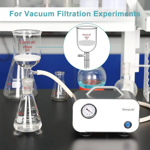 Borosilicate Glass Buchner Filtering Funnel With Fine Frit G3 94mm ID 100mm Depth 24/40 setup on lab table with vacuum pump