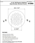 Solid Heavy Duty Shower Strainer Drain Cover With Screw In Trim Set Rust Resistant Brushed Nickel Finish 4-1/4 inch size specs and screws