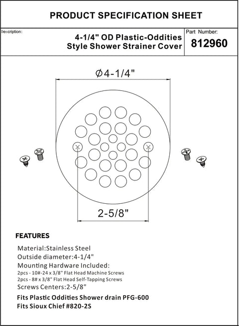 Solid Heavy Duty Shower Strainer Drain Cover With Screw In Trim Set Rust Resistant Brushed Nickel Finish 4-1/4 inch size specs and screws