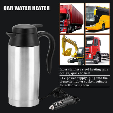 Portable Car Electric Kettle 750ml 24V Truck RV Compatible Hot Water Boiler For Brewing Coffee Tea Or Baby Formula featuring stainless steel design.
