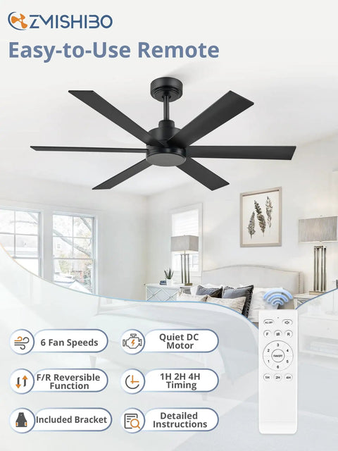 48 Inch 6 Blade Ceiling Fan No Light Black Finish With Quiet Reversible DC Motor 6 Speeds Ideal For Living Room Bedroom Patio Indoor Outdoor Use Energy Saver For Quiet All Season Comfort in bedroom with remote