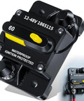60 Amp Marine Circuit Breaker for Trolling Motors Up to 48V, waterproof, beefy heavy-duty battery protection, black, close-up view