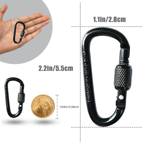 Eight Pack D Shape Carabiner Clips With Screw Gate Two Point Two Inch Aluminum Alloy Key Chain Buckle shown on hand and scale