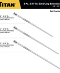 Three Eighth Inch Drive Extra Long Extension Set With 18 Inch 24 Inch 30 Inch Extensions Chrome Plated Cr V Steel shown vertically