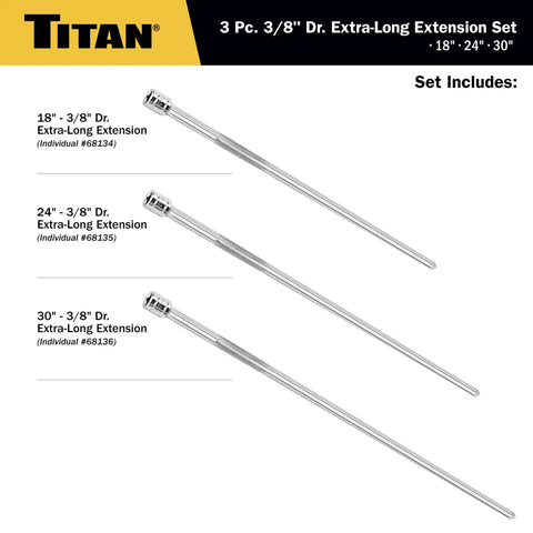 Three Eighth Inch Drive Extra Long Extension Set With 18 Inch 24 Inch 30 Inch Extensions Chrome Plated Cr V Steel shown vertically