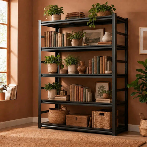 Five Tier Heavy Duty Metal Bookshelf Adjustable Tall Storage Rack With Anti Drop Fence High Capacity Steel Display Shelf Hella Sturdy To Stack Tons Of Gear And Books Without Any Wobble For Your Home Or Office