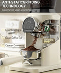 Next Level Electric Burr Coffee Grinder With 34 Dead Simple Settings And 40 Millimeter Stainless Steel Conical Burrs For Smooth Daily Brews In Clean White Setup showing ground coffee dispenser with anti-static technology.