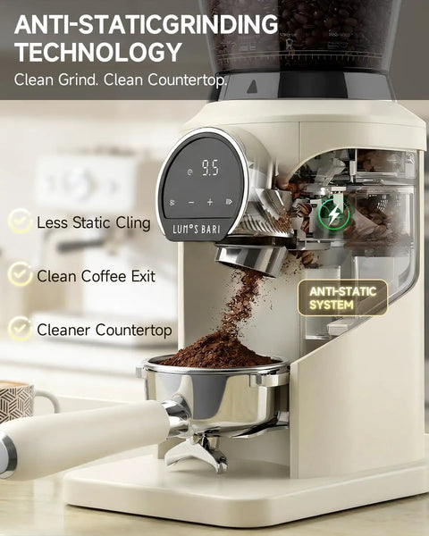 Next Level Electric Burr Coffee Grinder With 34 Dead Simple Settings And 40 Millimeter Stainless Steel Conical Burrs For Smooth Daily Brews In Clean White Setup showing ground coffee dispenser with anti-static technology.