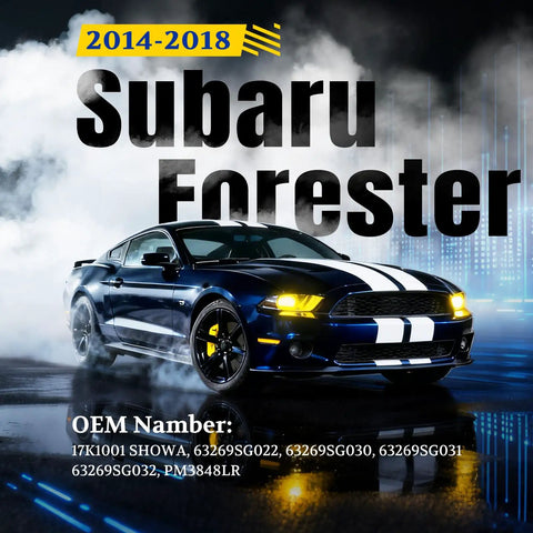 2014-2018 Subaru Forester text with car in smoke, OEM part numbers listed, rear hatch lift supports for Subaru Forester 2014 to 2018 power liftgate