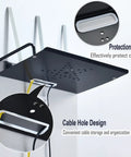 Floating Wall Mount Entertainment Shelf For TV Area Under The TV AV Rack For Cable Box Blu Ray Player Game Console And Projector Gear Ready Metal Router Shelf Storage 10.27 By 8.07 Inches Modern Cable Organization showing cable hole and protection ring design