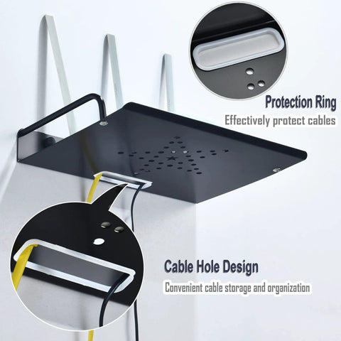 Floating Wall Mount Entertainment Shelf For TV Area Under The TV AV Rack For Cable Box Blu Ray Player Game Console And Projector Gear Ready Metal Router Shelf Storage 10.27 By 8.07 Inches Modern Cable Organization showing cable hole and protection ring design