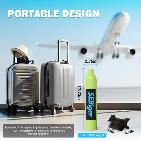 Mini 0.5 Liter Scuba Tank Pony Bottle With DOT Certification for easy travel, shown with luggage and airplane in the background.
