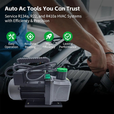Heavy Duty One Third Hp Hvac Vacuum Pump And Four Way Ac Manifold Gauge Kit With Digital Leak Detector For R134a R410a Auto Ac Service That Gets The Job Done No Sweat on engine bay during use.