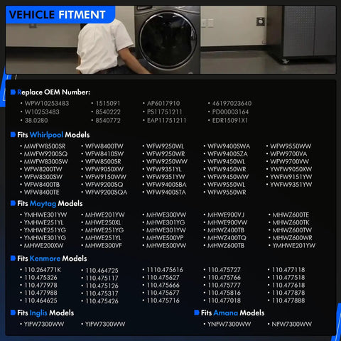 Replacement Heavy Duty Front Load Washer Door Latch Assembly Whirlpool Kenmore Maytag Wpw10253483 W10253483 fitment chart showing compatible models.