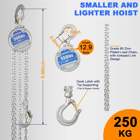 Compact Mini Hand Chain Hoist Built Tough With One Quarter Ton Capacity, 10ft Lift, Dual Chains, 0.8 Inch Hook, 550lb Manual Chain Fall For Garage, Engine Lifts And Workshop Use, silver 250 kg hoist with chain and hooks