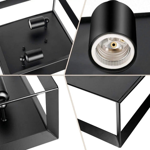 Close-up of Two Light Flush Mount Ceiling Light Fixture in Industrial Black Metal Finish with E26 Base, showing details and material.