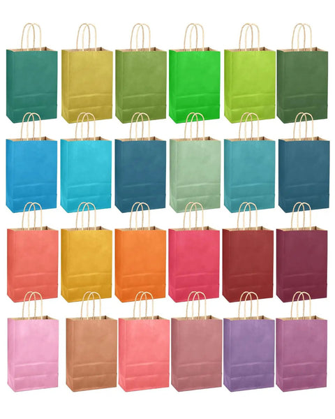 24 Pack Gift Bags With Handles Bulk 10.6 By 8.3 By 4.3 Inches Rainbow Multicolor Paper Bags For Parties Treats Durable And Party Ready Eco Friendly Sturdy Enough For Pastries Cookies displayed in four colorful rows.