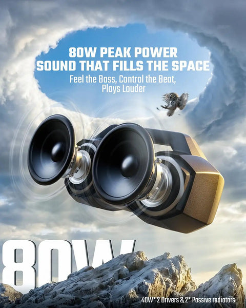 80W Peak Bluetooth Speaker With Bass Boost, Loud As Hell, showcasing sound power and rugged design for outdoor use