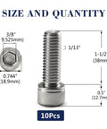 Rock Solid 10 Pack Socket Head Cap Screws Bolts 1 2 Inch By 1 1 2 Full Thread 304 Stainless Steel detailed dimensions
