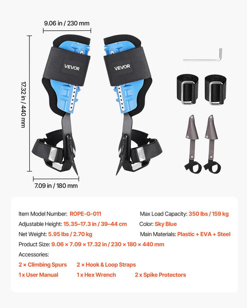 Height Adjustable Tree Climbing Spikes With Straps And Cushioned Padding, Heavy Duty Steel Climb Spurs Supports Up To 350 Lbs in blue