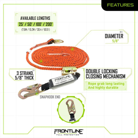 Vertical Lifeline With Openable Rope Grab 25 Feet And Shock Pack, 5/8" diameter rope, double locking closing mechanism shown