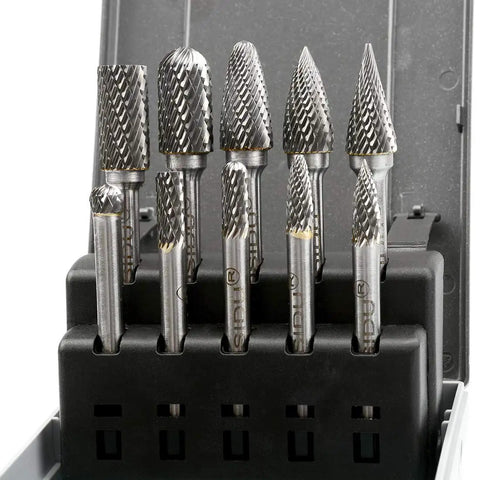 Carbide Burr Set 10 Pieces Half Inch Head Quarter Inch Shank Double Cut Rotary Burrs For Die Grinder And Drill in case