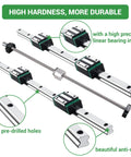 Heavy Duty DIY CNC Linear Rail And Ball Screw Kit with 2 HGR20 600mm Rails and 4 HGH20CA Carriages shown in close-up with features labeled
