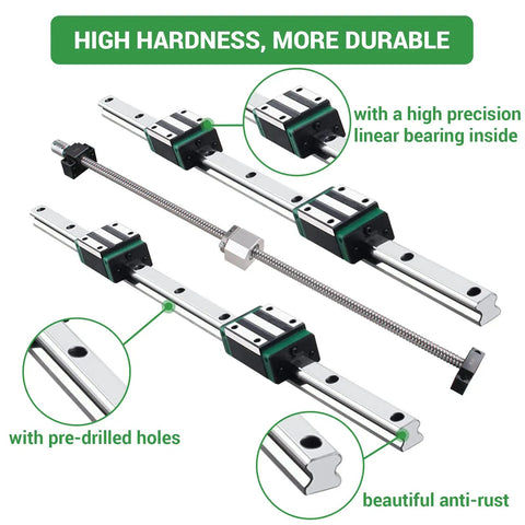 Heavy Duty DIY CNC Linear Rail And Ball Screw Kit with 2 HGR20 600mm Rails and 4 HGH20CA Carriages shown in close-up with features labeled